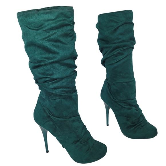 Michael Antonio Green Suede Slouchy Stiletto Boots 5.5  Ruched Y2K - Picture 9 of 9